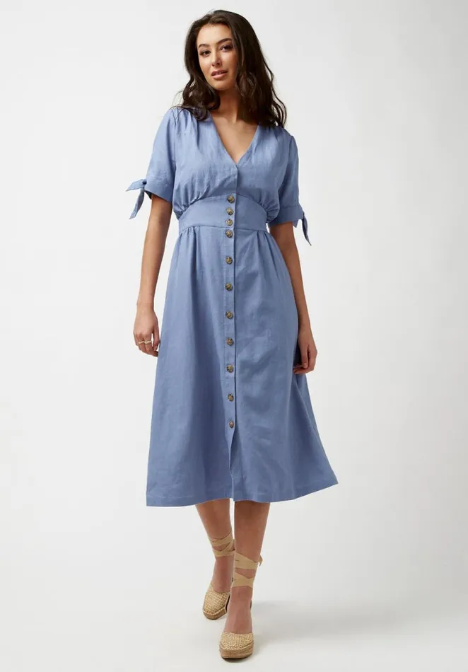 Women Buttoned Linen Navy Mariposa Dress Navy Buffalo David Bitton Dresses and Jumpsuits