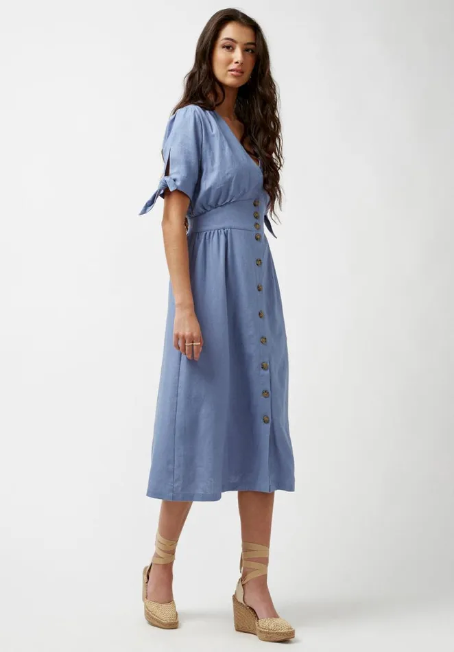 Women Buttoned Linen Navy Mariposa Dress Navy Buffalo David Bitton Dresses and Jumpsuits