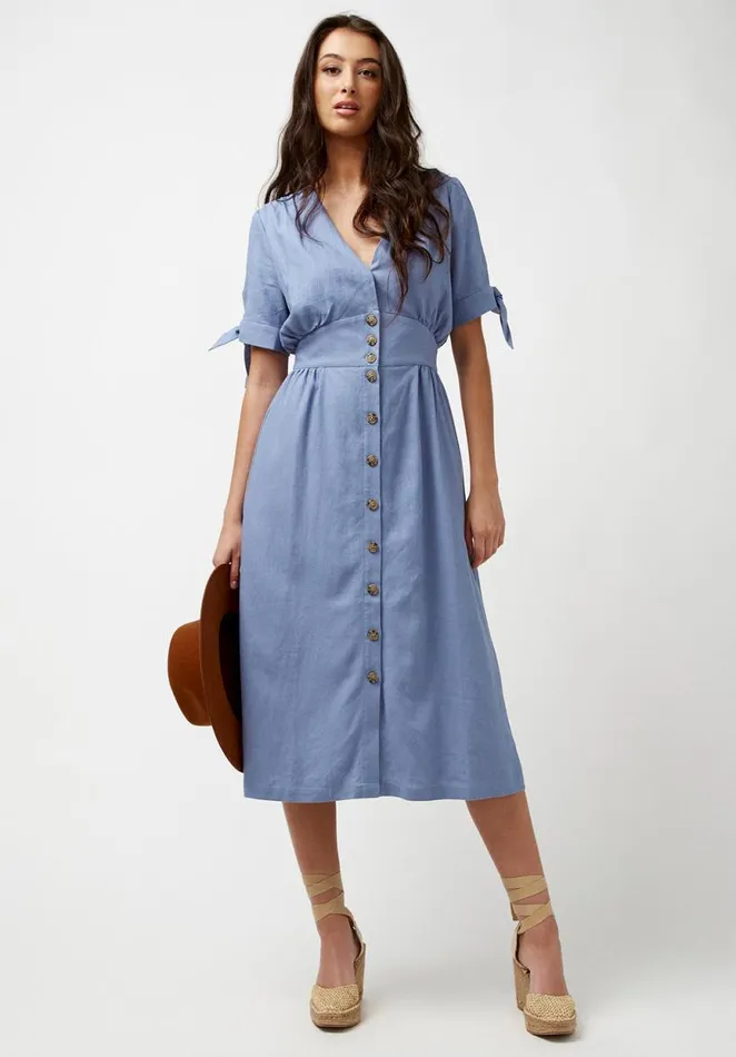 Women Buttoned Linen Navy Mariposa Dress Navy Buffalo David Bitton Dresses and Jumpsuits
