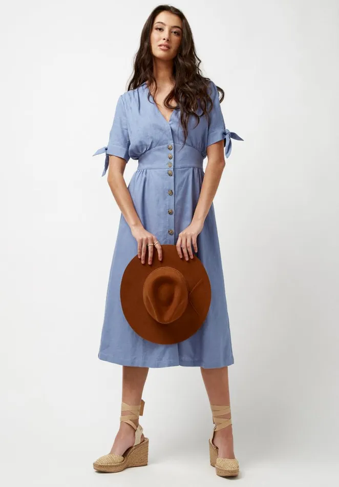 Women Buttoned Linen Navy Mariposa Dress Navy Buffalo David Bitton Dresses and Jumpsuits