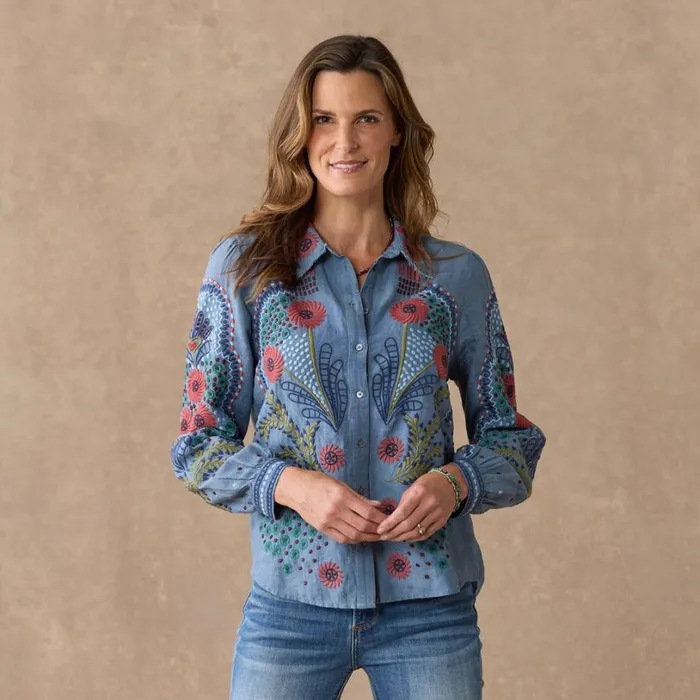 Women Canyon Sunset Shirt Petite Tapestry Blue Sundance Catalog Petite Styles