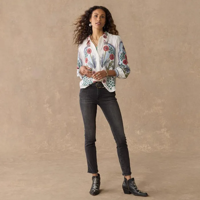 Women Canyon Sunset Shirt Petite Tapestry Blue Sundance Catalog Petite Styles