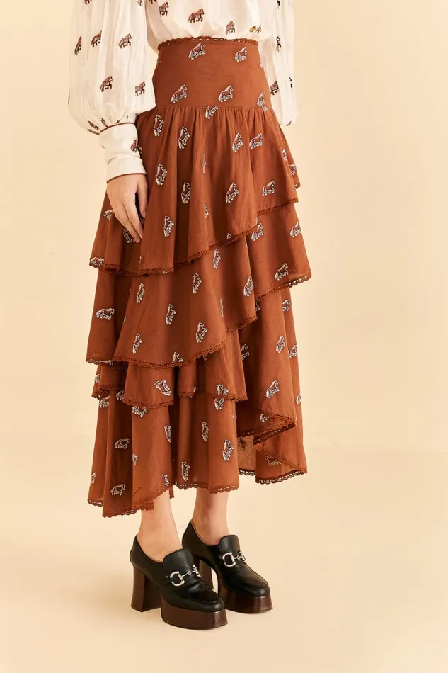 Women Caramel Embroidered Horses Layered Maxi Skirt Caramel FARM Rio Skirts