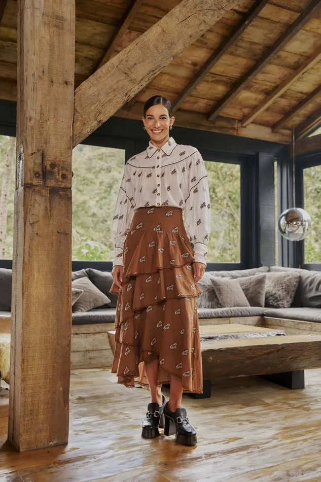 Women Caramel Embroidered Horses Layered Maxi Skirt Caramel FARM Rio Skirts