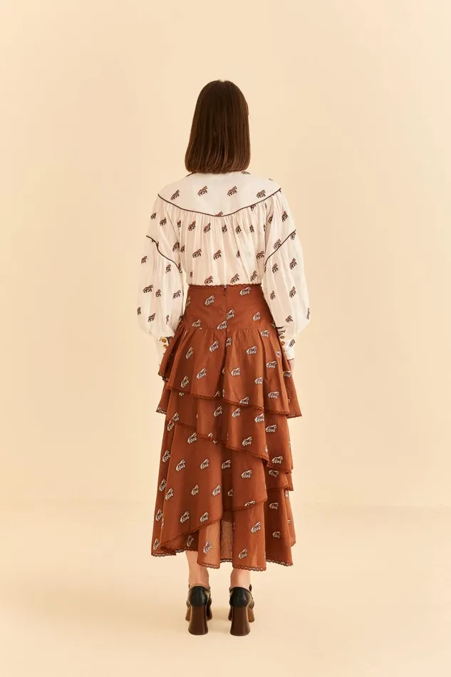 Women Caramel Embroidered Horses Layered Maxi Skirt Caramel FARM Rio Skirts