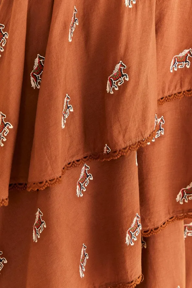 Women Caramel Embroidered Horses Layered Maxi Skirt Caramel FARM Rio Skirts