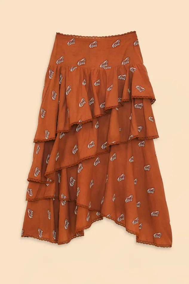 Women Caramel Embroidered Horses Layered Maxi Skirt Caramel FARM Rio Skirts