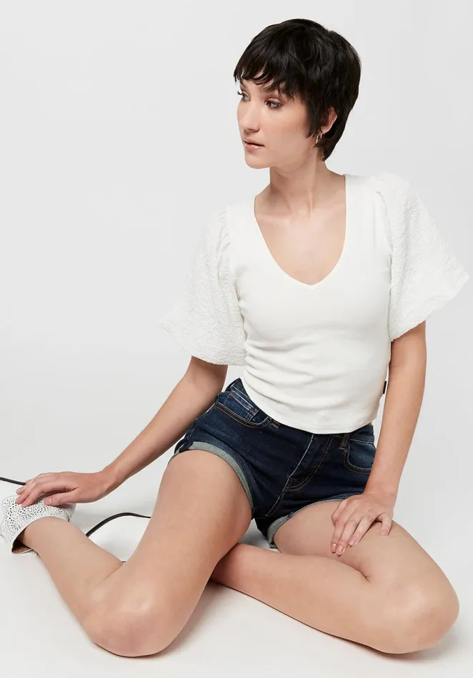Women Clotilde Mixed Media Vneck Top White Buffalo David Bitton Tops and Tees