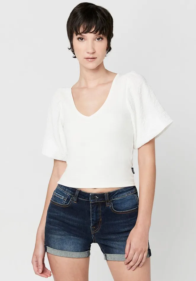 Women Clotilde Mixed Media Vneck Top White Buffalo David Bitton Tops and Tees