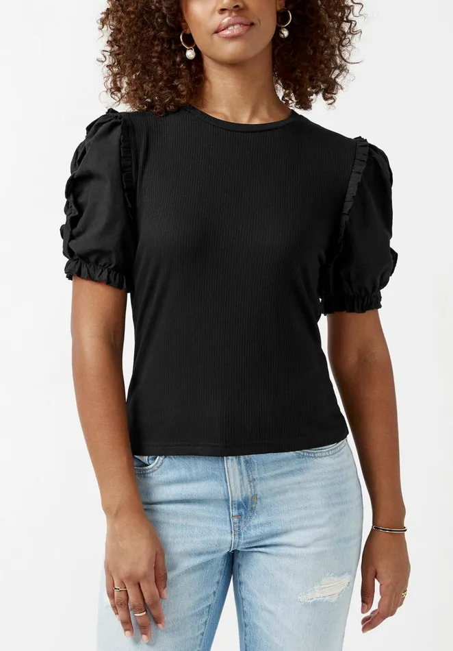 Women Corey Black Mixed Media Womens Top Black Buffalo David Bitton Tops and Tees