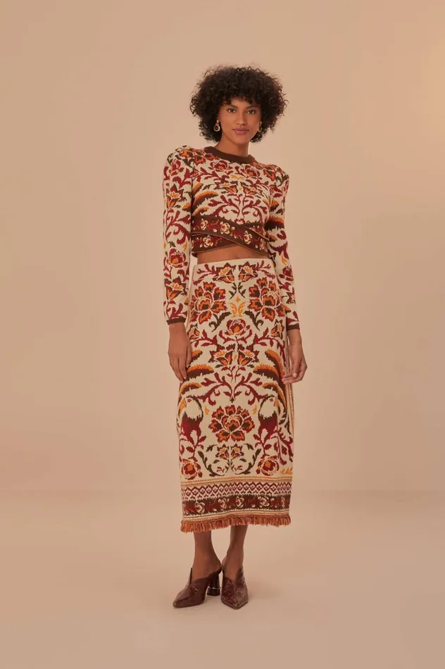 Women Cream Toucans Scarf Knit Midi Skirt Toucans Scarf Cream FARM Rio Skirts