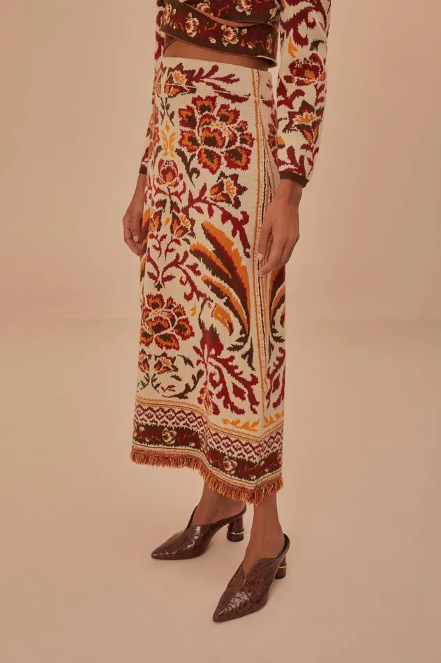 Women Cream Toucans Scarf Knit Midi Skirt Toucans Scarf Cream FARM Rio Skirts