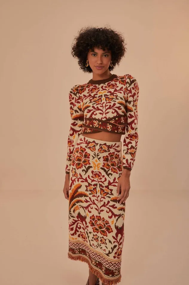 Women Cream Toucans Scarf Knit Midi Skirt Toucans Scarf Cream FARM Rio Skirts