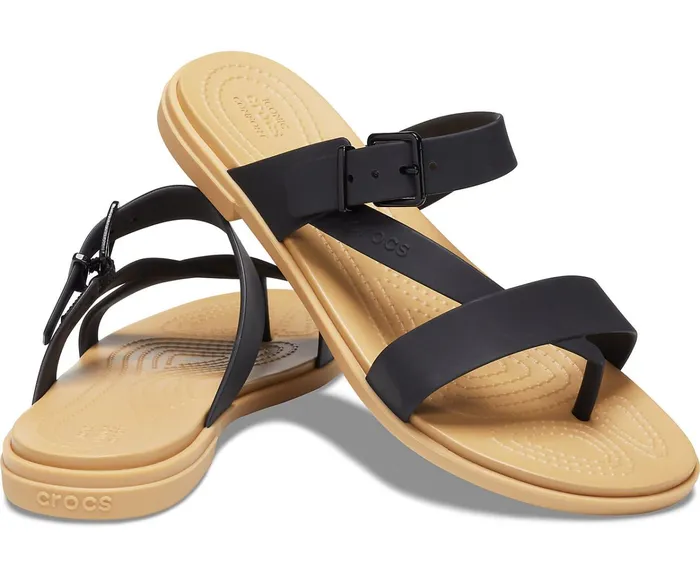 Women Crocs Tulum Toe Post Sandal Black Tan Crocs Sandals