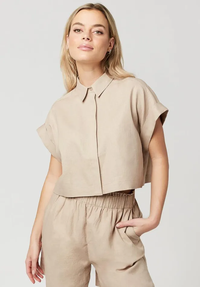 Women Cropped Breeze Linen Top Oxford Tan Buffalo David Bitton Dresses and Jumpsuits Women Cropped Breeze Linen Top Oxford Tan Buffalo David Bitton Dresses and Jumpsuits