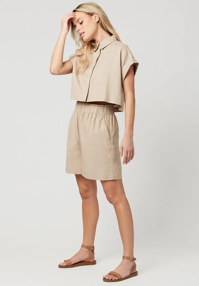 Women Cropped Breeze Linen Top Oxford Tan Buffalo David Bitton Dresses and Jumpsuits