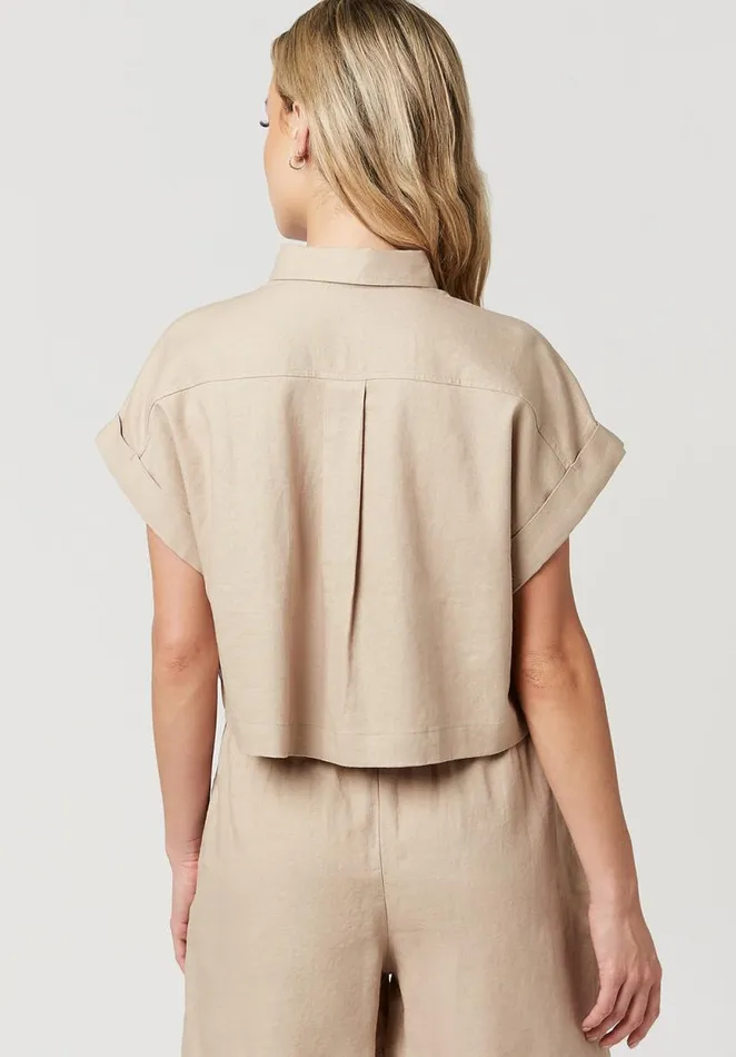 Women Cropped Breeze Linen Top Oxford Tan Buffalo David Bitton Dresses and Jumpsuits