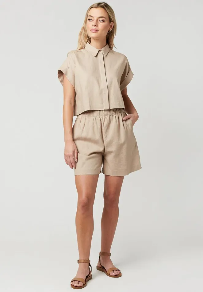 Women Cropped Breeze Linen Top Oxford Tan Buffalo David Bitton Dresses and Jumpsuits