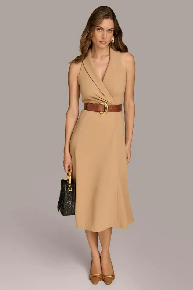 Women Dresses And Jumpsuits Donna Karan CREPE FIT AND FLARE DRESS WITH BELT Fawn