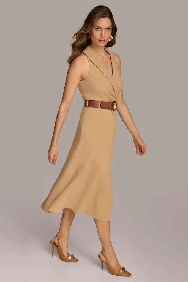 Women Dresses And Jumpsuits Donna Karan CREPE FIT AND FLARE DRESS WITH BELT Fawn