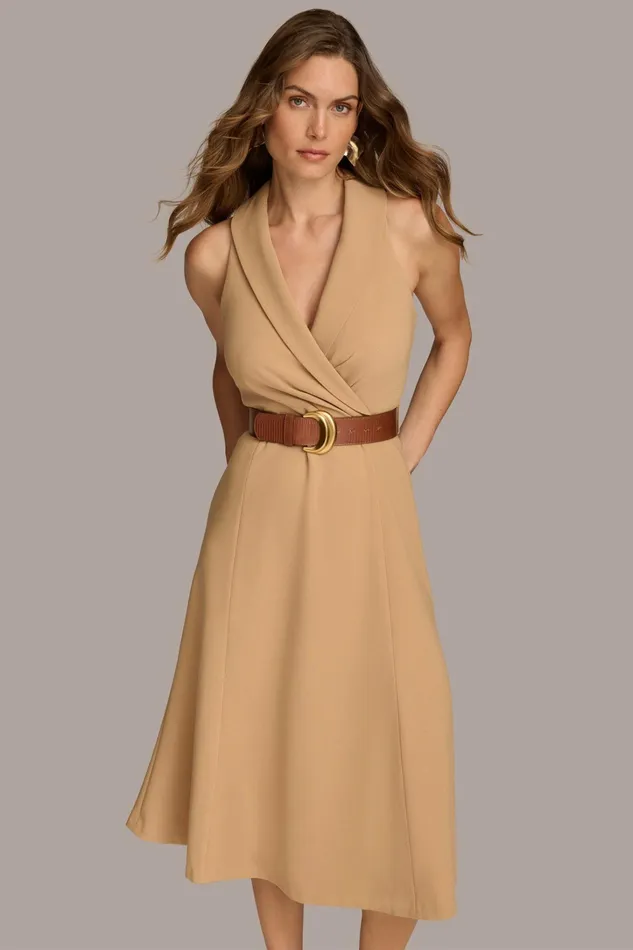 Women Dresses And Jumpsuits Donna Karan CREPE FIT AND FLARE DRESS WITH BELT Fawn