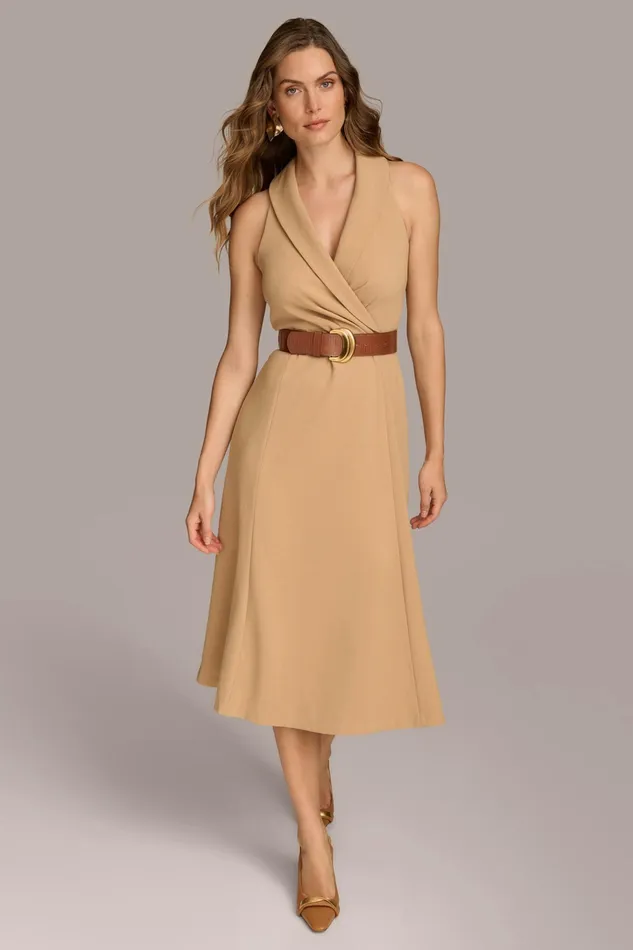 Women Dresses And Jumpsuits Donna Karan CREPE FIT AND FLARE DRESS WITH BELT Fawn