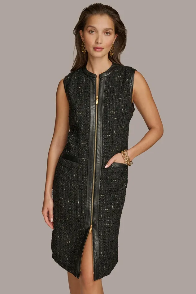 Women Dresses And Jumpsuits Donna Karan TWEED A LINE DRESS WITH FRONT ZIPPER Black