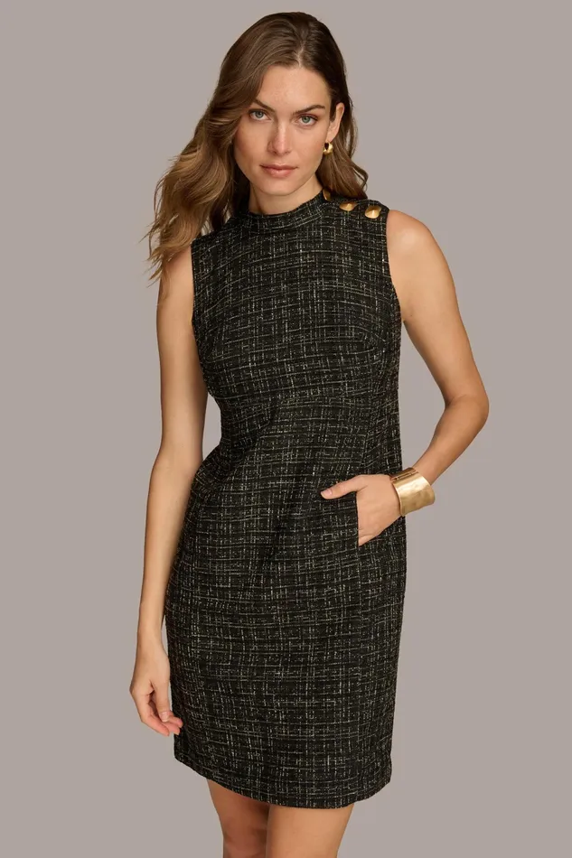 Women Dresses And Jumpsuits Donna Karan TWEED MOCK NECK SHIFT DRESS Blackcream