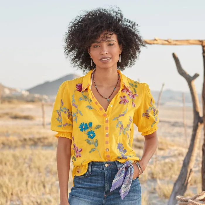 Women Evangelina Smocked Shirt Sunshine Sundance Catalog Tops