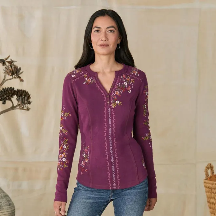 Women Fayette Floral Henley Heather Gray Sundance Catalog Tops