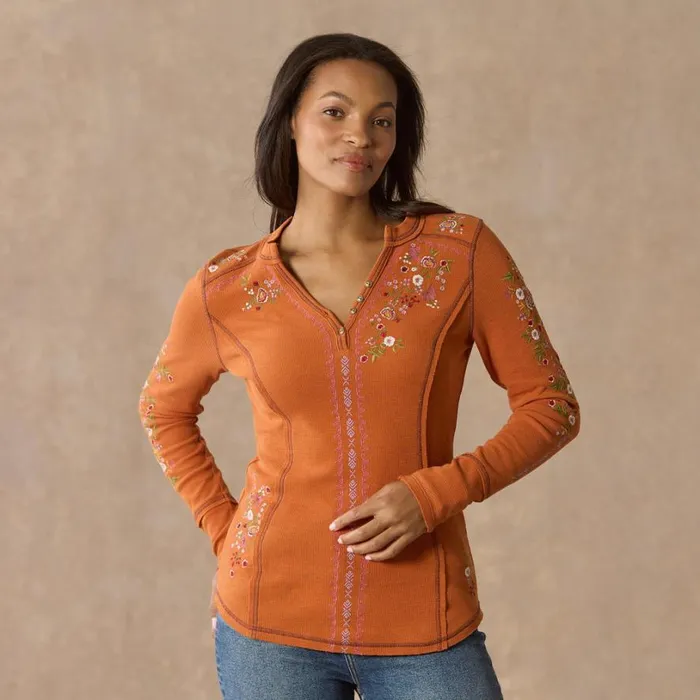 Women Fayette Floral Henley Heather Gray Sundance Catalog Tops