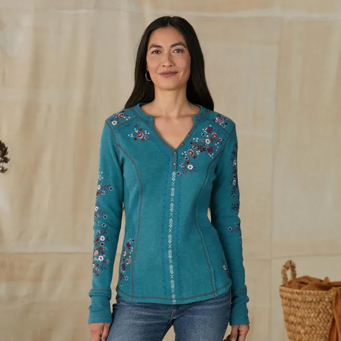 Women Fayette Floral Henley Heather Gray Sundance Catalog Tops