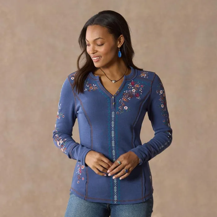 Women Fayette Floral Henley Heather Gray Sundance Catalog Tops