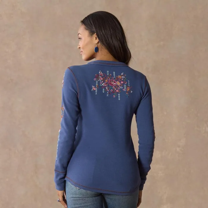 Women Fayette Floral Henley Heather Gray Sundance Catalog Tops