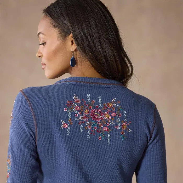 Women Fayette Floral Henley Heather Gray Sundance Catalog Tops