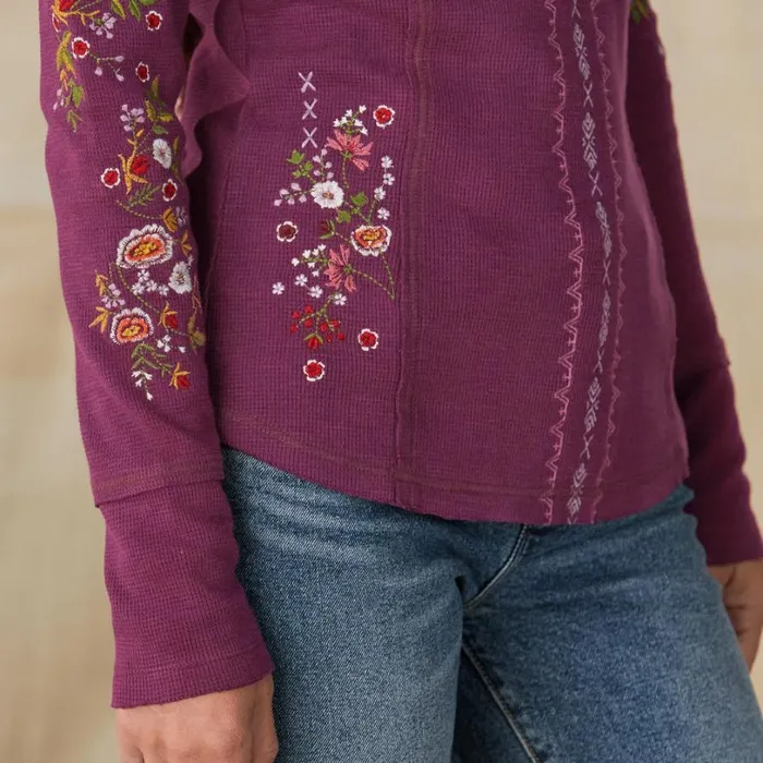 Women Fayette Floral Henley Heather Gray Sundance Catalog Tops