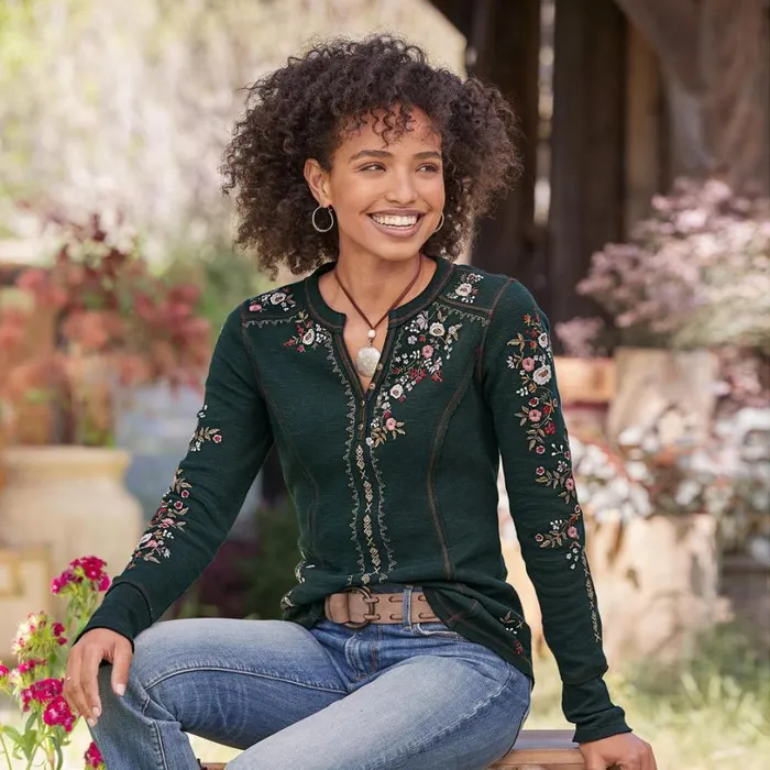 Women Fayette Floral Henley Heather Gray Sundance Catalog Tops
