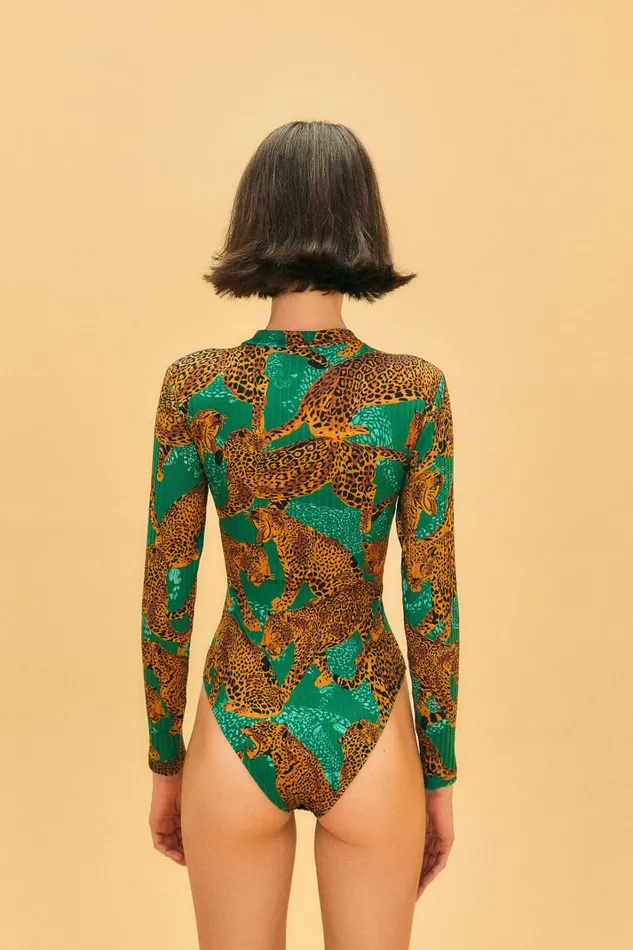 Women Green Artsy Leopards Organic Cotton Bodysuit Artsy Leopards Green FARM Rio Bodysuits