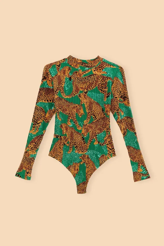 Women Green Artsy Leopards Organic Cotton Bodysuit Artsy Leopards Green FARM Rio Bodysuits