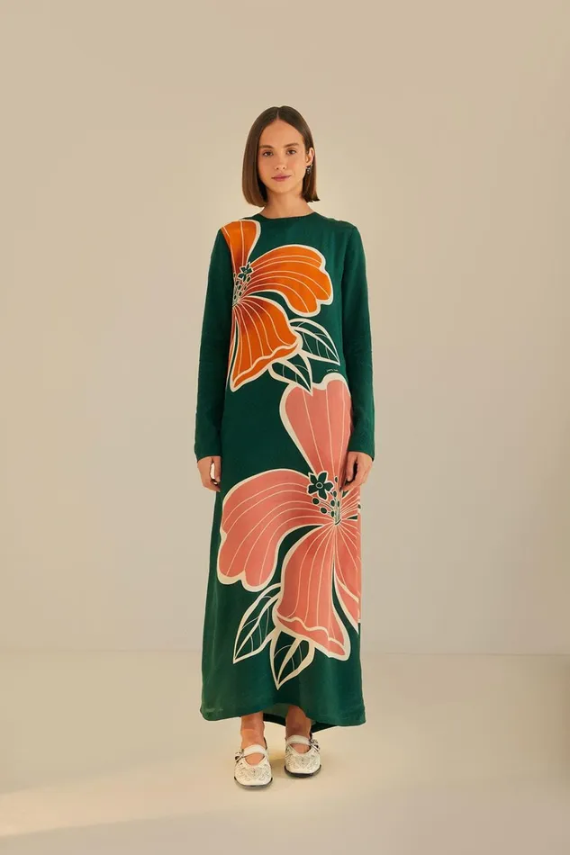 Women Green Honolulu Flowers Long Sleeve Maxi Dress Honolulu Flowers Green FARM Rio Maxi Dresses