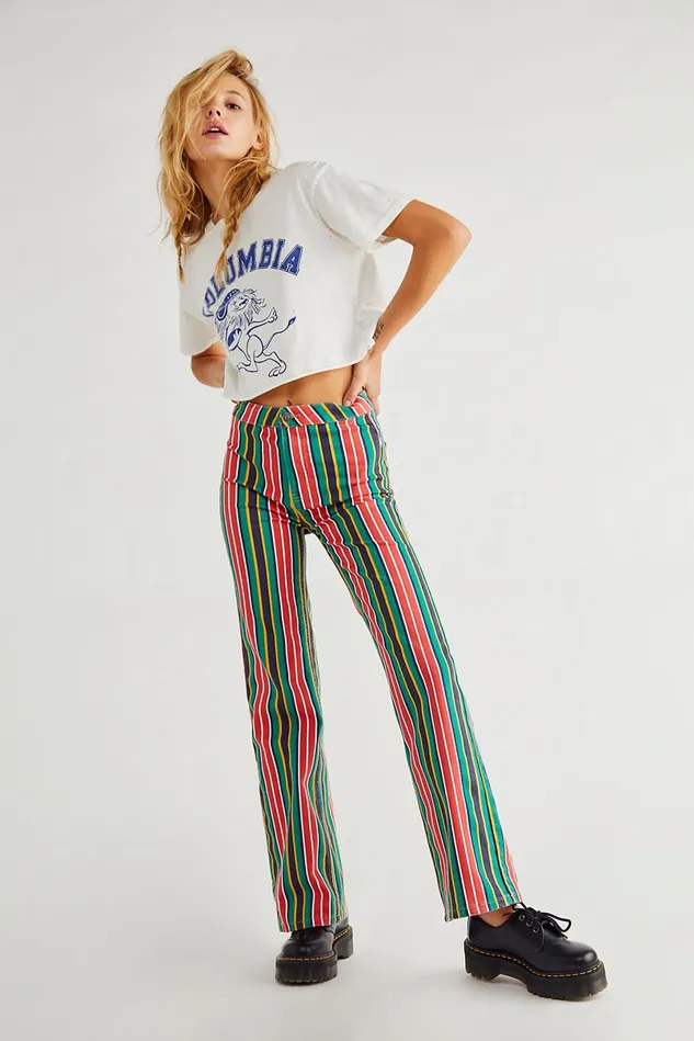 Women HighRise Jeans Free People Printed Seneca StraightLeg Pants Red Rocks Combo