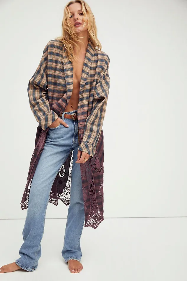 Women Jackets Free People Billie Duster Maroon Plaid
