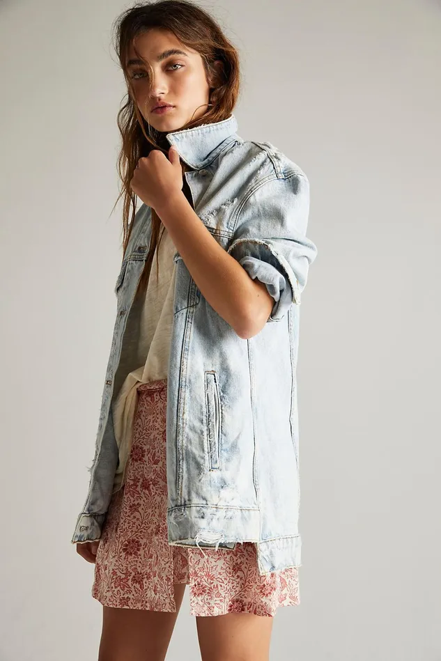 Women Jean Jackets Free People Destroyed Long and Lean Trucker Jacket Cloud Wash