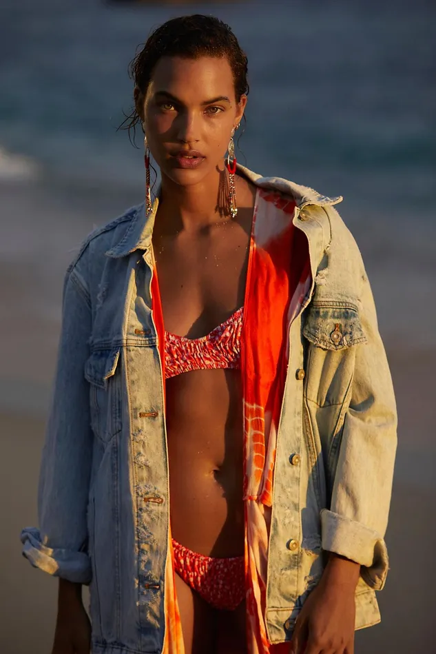 Women Jean Jackets Free People Destroyed Long and Lean Trucker Jacket Cloud Wash