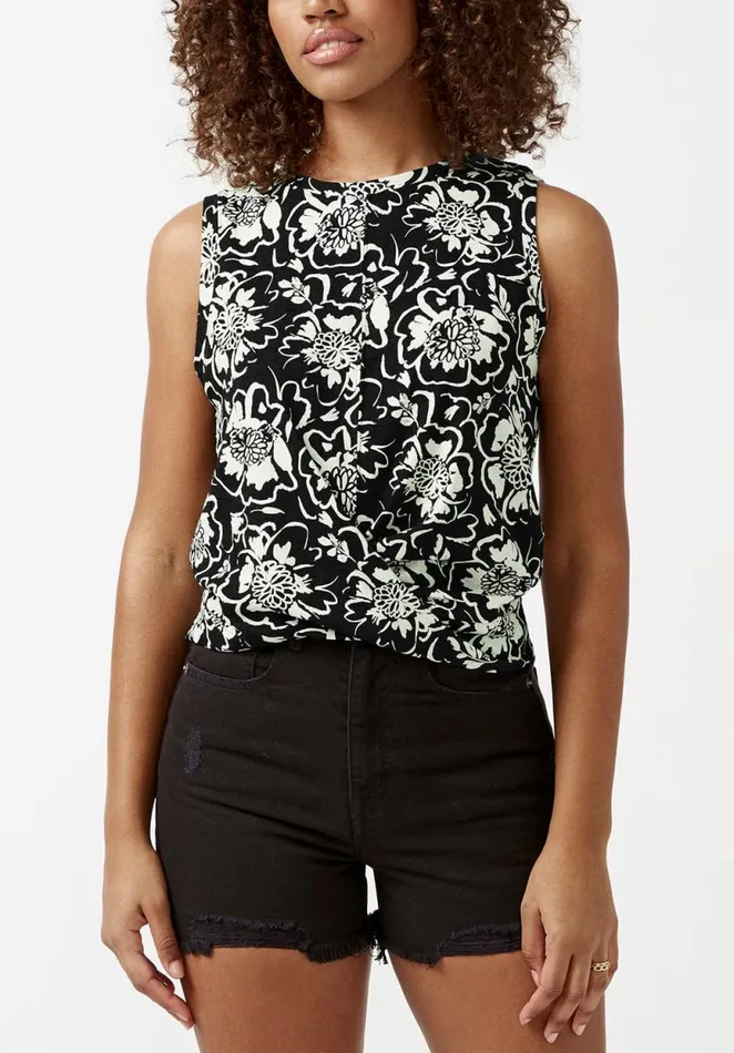 Women Karissa Flower Print CrossFront Womens Tank Top Black Cream Flwr Buffalo David Bitton Tops and Tees