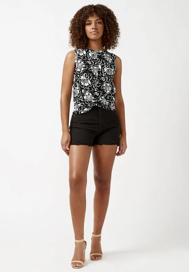 Women Karissa Flower Print CrossFront Womens Tank Top Black Cream Flwr Buffalo David Bitton Tops and Tees