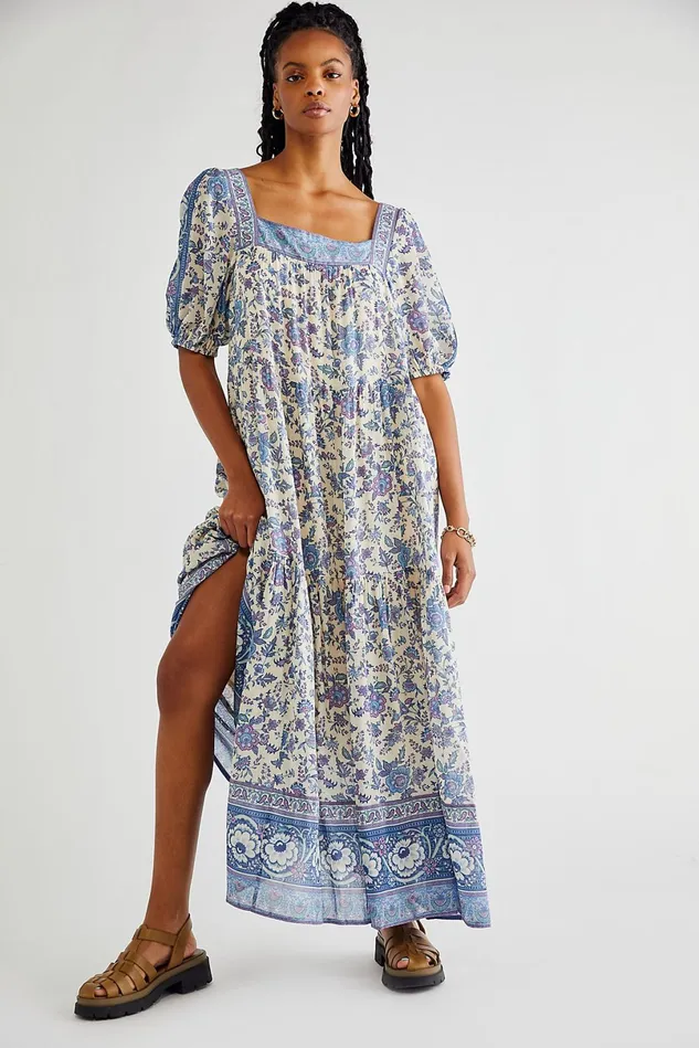 Women Maxi Dresses Free People Folk Song Square Neck Gown Sky