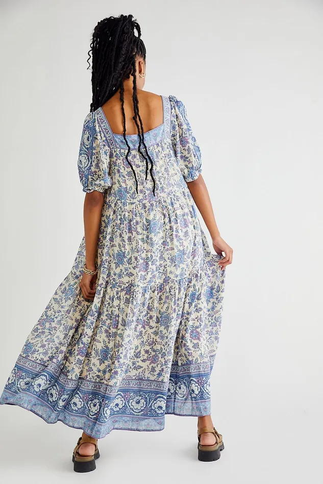 Women Maxi Dresses Free People Folk Song Square Neck Gown Sky