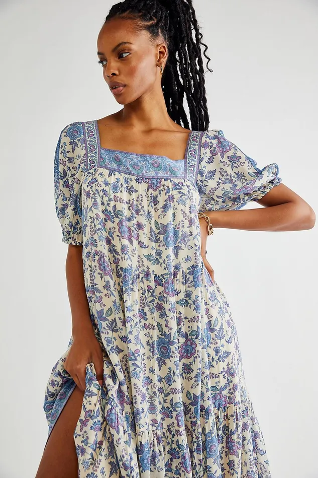 Women Maxi Dresses Free People Folk Song Square Neck Gown Sky
