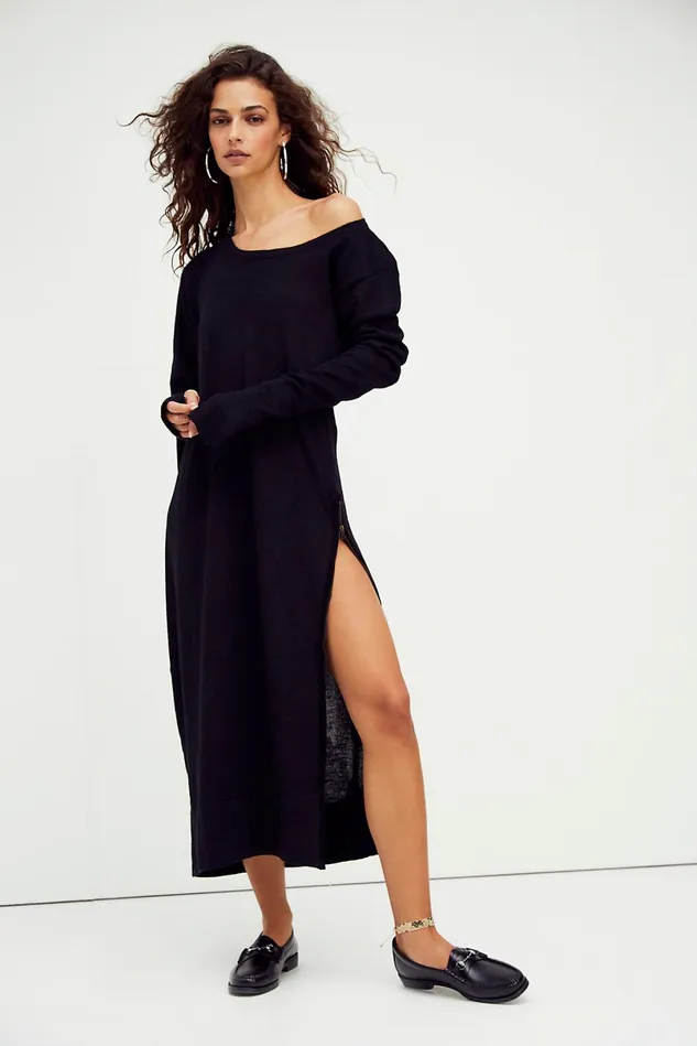 Women Midi Dresses Free People Slouch Dress Black